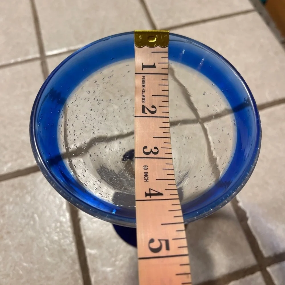 Handblown Blue Rim Martini Glass With Clear Stem & Bubble Detailing 6.25